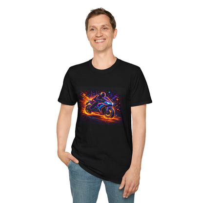  Motorcycle Flames T-Shirt  Man wearing a black t-shirt with a colorful motorcycle graphic on a white background