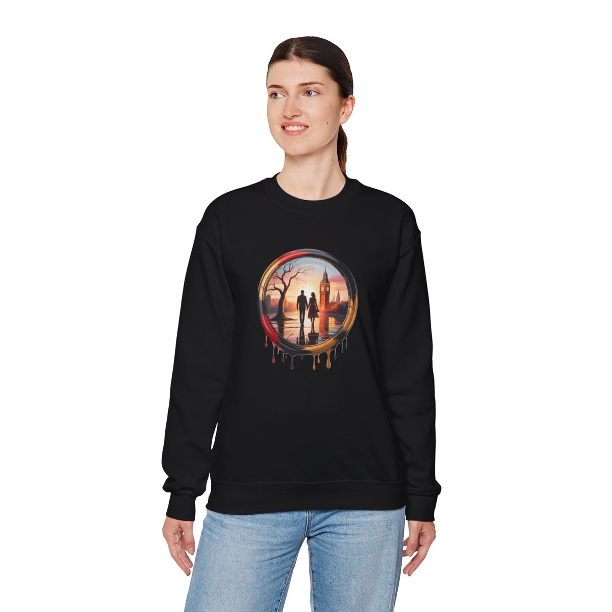 Crewneck Sweatshirt - Sunset Couple Silhouette in Dripping Circle styled for autumn, showcasing its seasonal appeal.
