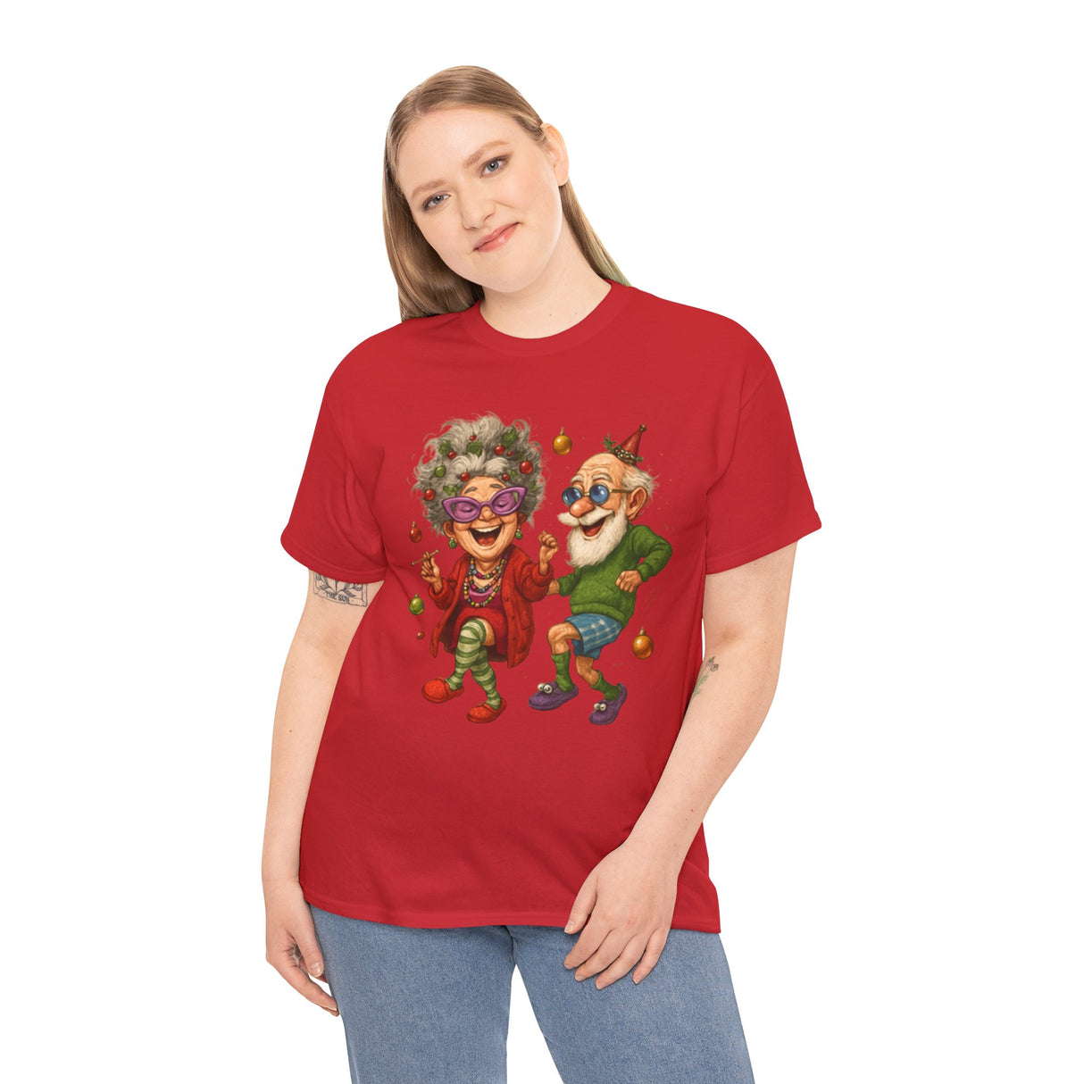Happy senior couple dancing displayed on the warm and humorous Dancing Seniors Illustration T‑Shirt.