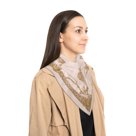 Silk-Effect Gold Chain Square Scarf Luxurious Accent Outfits 25" x 25" shown draped elegantly over a light background.