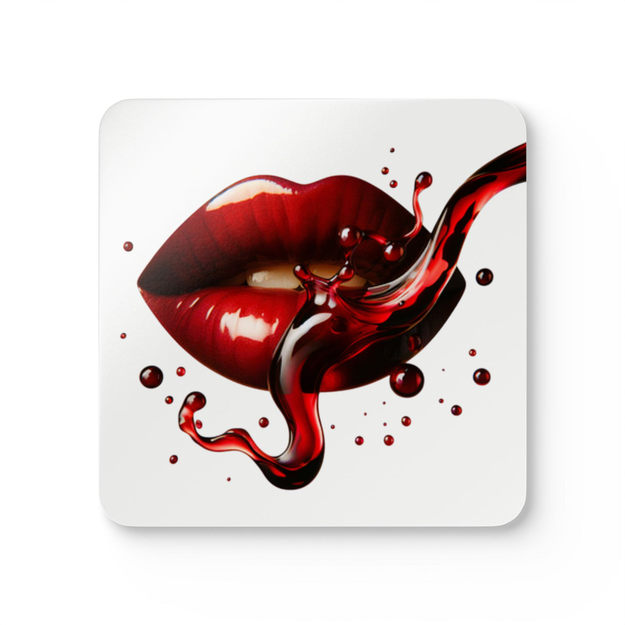 Stylish Cork Coaster Set showcasing bold red wine lips design — a fun addition to any bar or dining room!