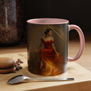 Side view of the Fiery Goddess Accent Coffee Mug highlighting the elegant design and C-shaped handle.