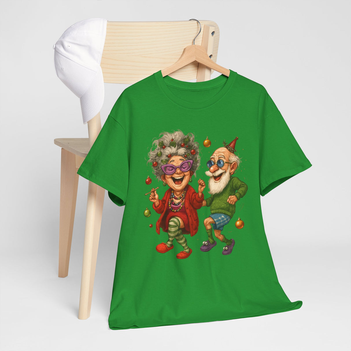 Dancing Seniors Illustration T‑Shirt features a lively and whimsical design of an elderly couple dancing.