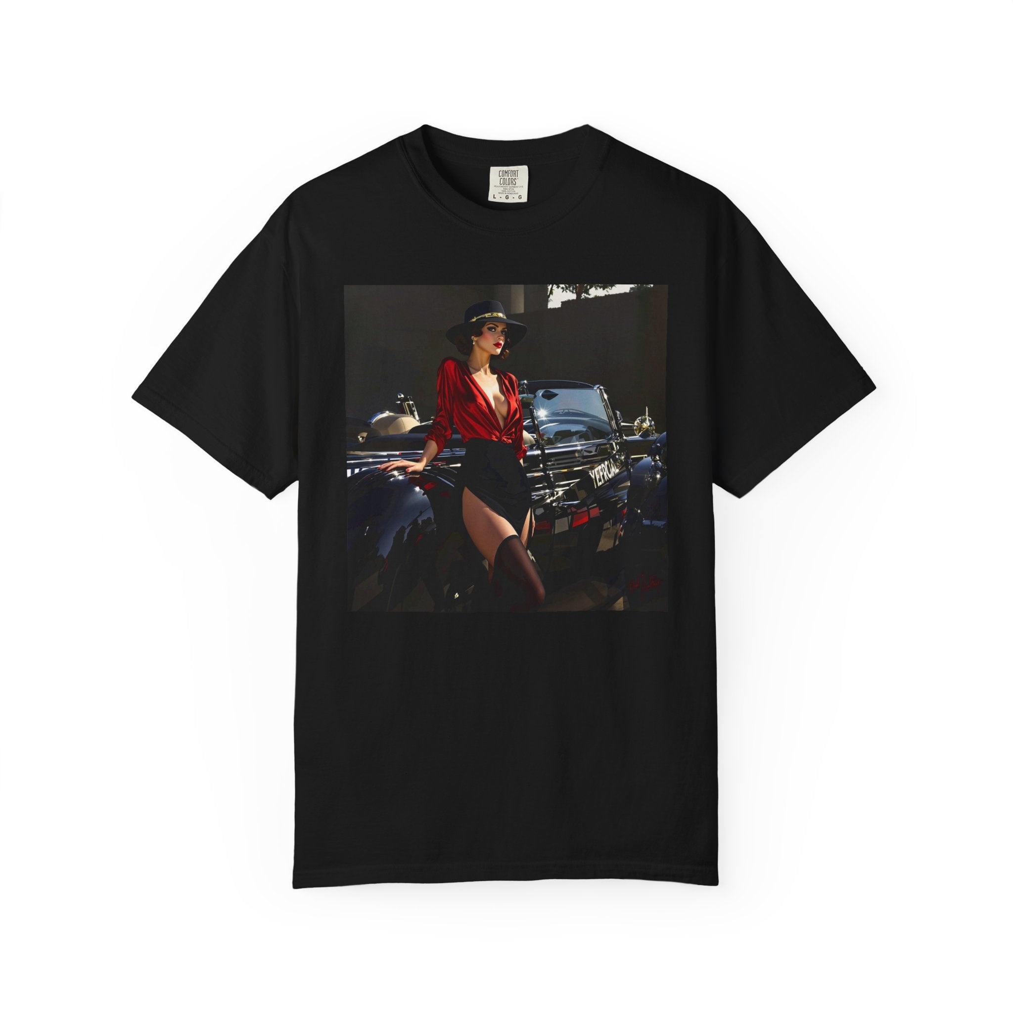 Vintage Glamour T-Shirt showcased at a trendy café, highlighting its fashionable and casual aesthetic.