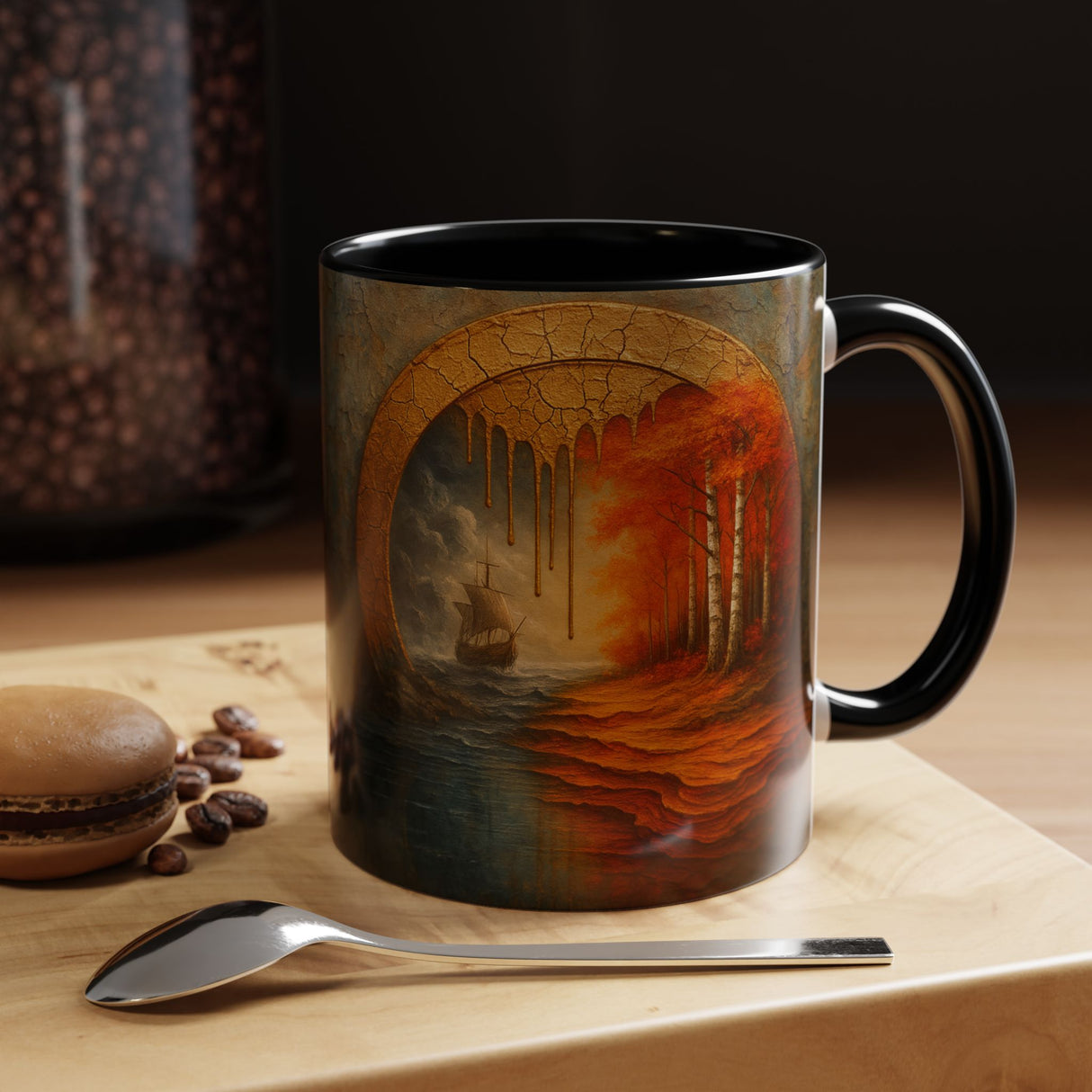 Close-up view of the Autumn Portal Coffee Mug showcasing rich oranges and deep teal colors in the landscape design.