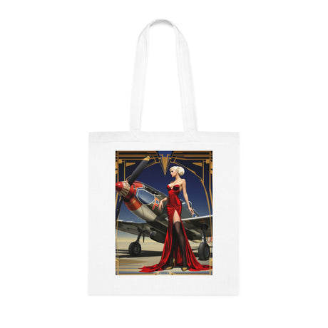 Close-up view of the Vintage Pin-Up Plane Tote — Red Dress Aviation Cotton Tote Bag showcasing the intricate art-deco design of the glamorous figure.
