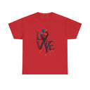 Hanging display of LOVE Couple Silhouette T-Shirt — Romantic Dripping Love Design emphasizing the artistic print at the chest.
