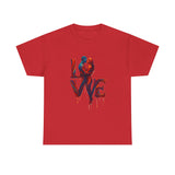 Hanging display of LOVE Couple Silhouette T-Shirt — Romantic Dripping Love Design emphasizing the artistic print at the chest.