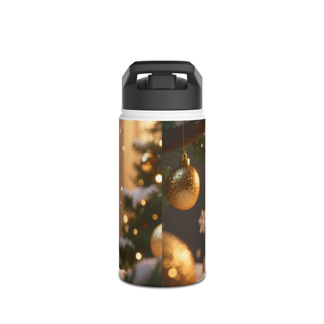Close-up of the Holiday Ornament Winter Cabin Stainless Steel Water Bottle showcasing its matte finish and vibrant colors.