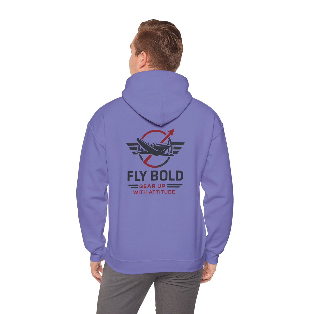 Detail of Fly Bold Hoodie showing adjustable drawstring hood.