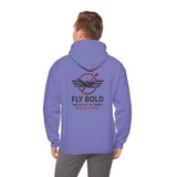 Detail of Fly Bold Hoodie showing adjustable drawstring hood.