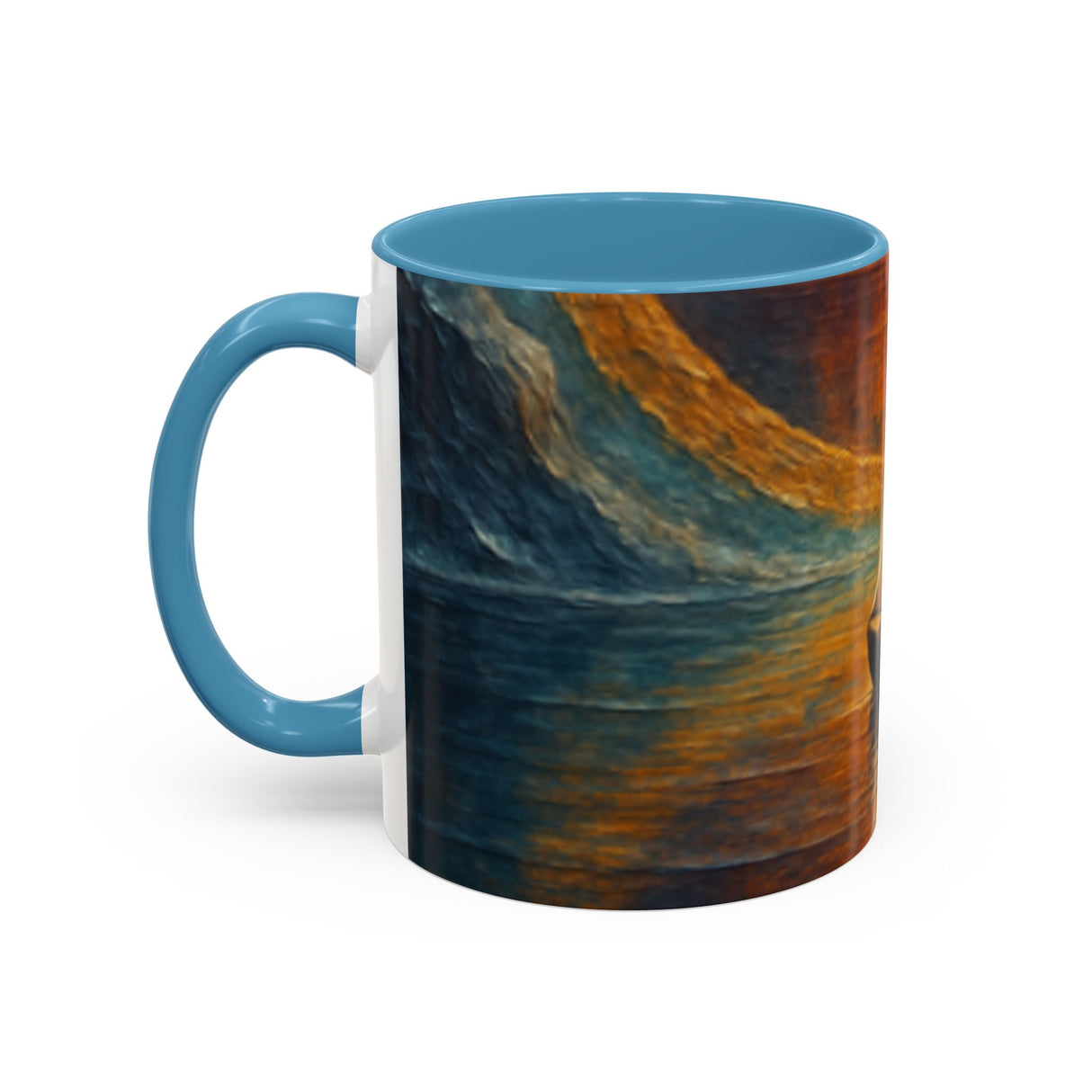 A close-up shot of the Sail into the Sun Ceramic Coffee Mug artwork, showcasing the detailed sunset and sailboat design.