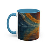 A close-up shot of the Sail into the Sun Ceramic Coffee Mug artwork, showcasing the detailed sunset and sailboat design.
