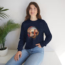 Crewneck Sweatshirt featuring Sunset Couple Silhouette in Dripping Circle, showcasing a romantic landscape with a bare tree and city skyline.