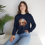 Crewneck Sweatshirt featuring Sunset Couple Silhouette in Dripping Circle, showcasing a romantic landscape with a bare tree and city skyline.