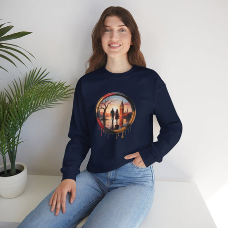 Crewneck Sweatshirt featuring Sunset Couple Silhouette in Dripping Circle, showcasing a romantic landscape with a bare tree and city skyline.