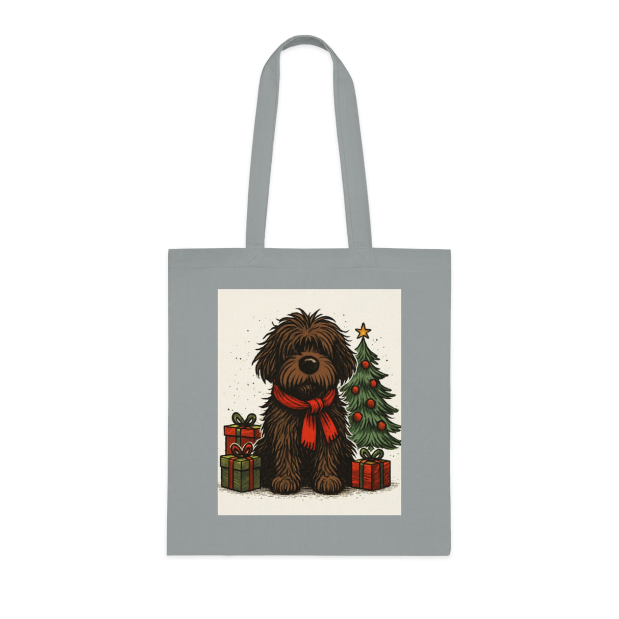 Front view of the Christmas Dog Tote Bag showcasing the adorable fluffy pup and gifts.