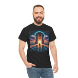 Cosmic Gateway Tee — Sci-Fi Sunset Portal Graphic T-Shirt being showcased at a casual outdoor event.