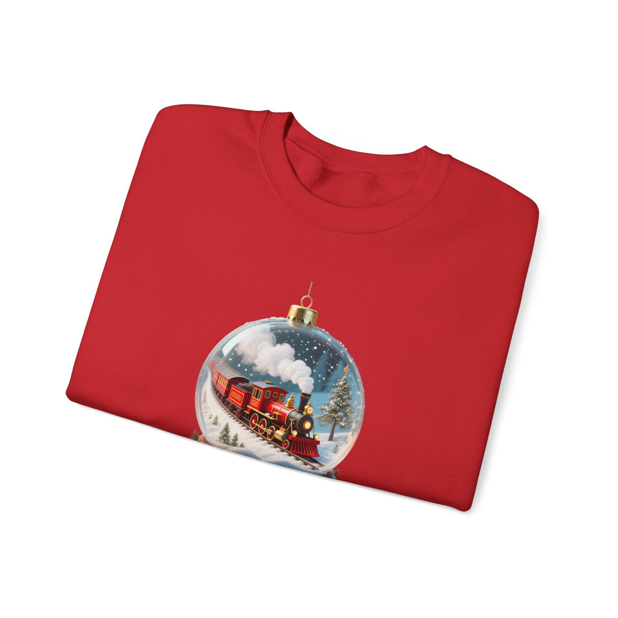 Christmas Train Snow Globe Sweatshirt styled with holiday decorations, emphasizing its festive charm for Christmas celebrations.