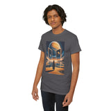 Artistic representation of the Cosmic Gateway T-Shirt with a glowing planet and retro elements.