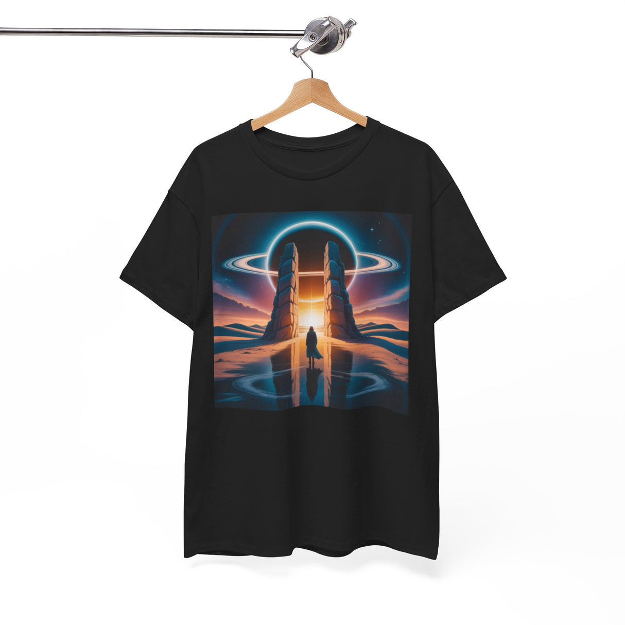 The dreamy sci-fi artwork on the Cosmic Gateway Tee — Sci-Fi Sunset Portal Graphic T-Shirt comes to life.