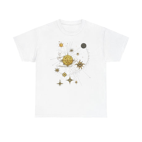 Close-up of the Celestial Gold Star Map T-Shirt graphic featuring intricate star and constellation designs.