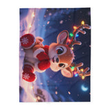 Cute Reindeer Fleece Blanket - Holiday Christmas Cozy Throw for Kids with hemmed edges in a cozy setting.