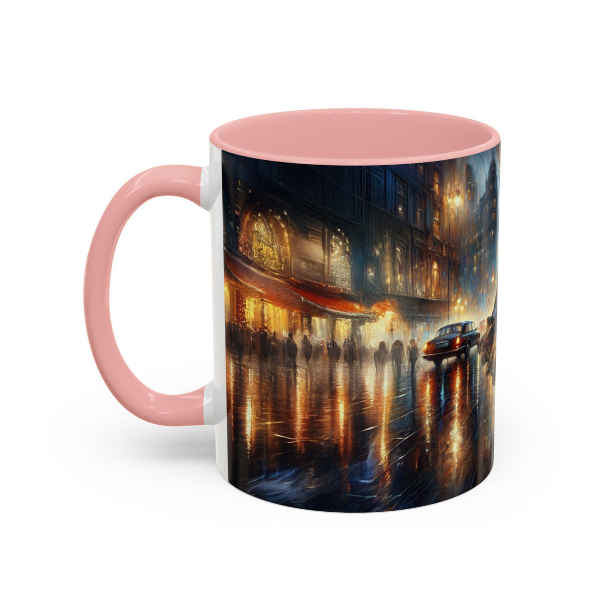 Elegant Nighttime Cityscape Coffee Mug contrasted with a white background, perfect for coffee lovers.