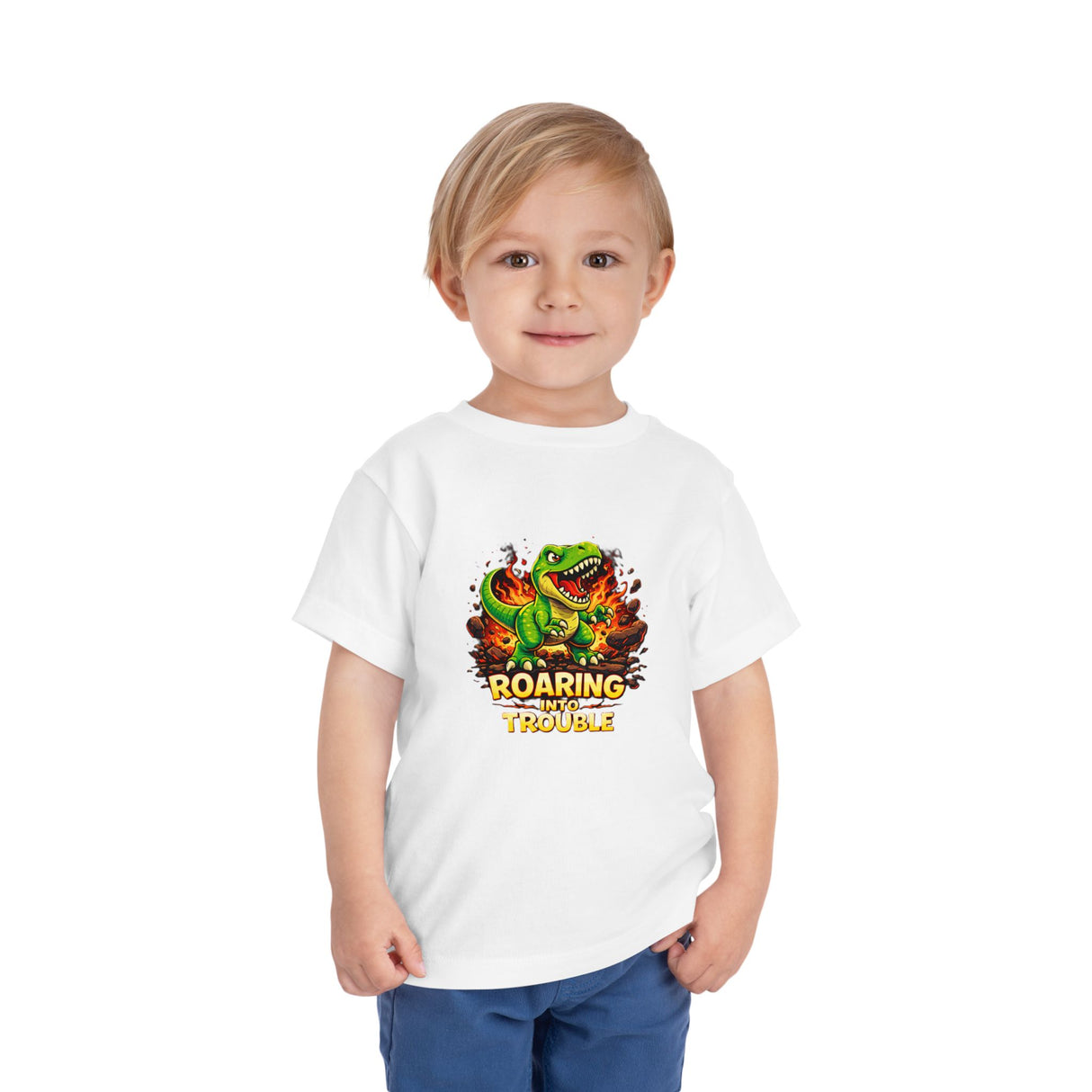 Toddler Tee — "Roaring Into Trouble" Dinosaur Graphic Shirt