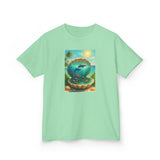 Outdoor photo of the Kids Tee — Ocean Pearl Dolphin Shell Beach Graphic showcasing vibrant colors in natural light.