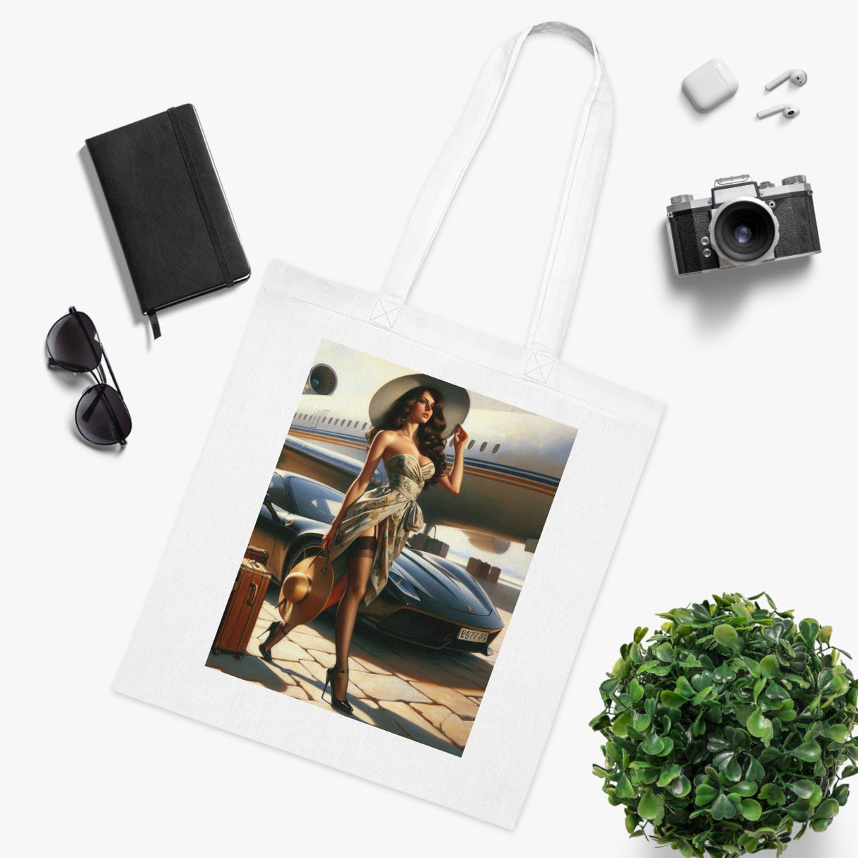 Stylish Chic Travel Cotton Tote Bag resting on a chair, highlighting its trendy aesthetics.