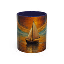 Close-up view of the Sail into the Sun Ceramic Coffee Mug featuring a sailboat against a striking sunset backdrop.
