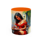 Person holding the Artistic Red Dress Accent Coffee Mug - 11oz with a bright smile