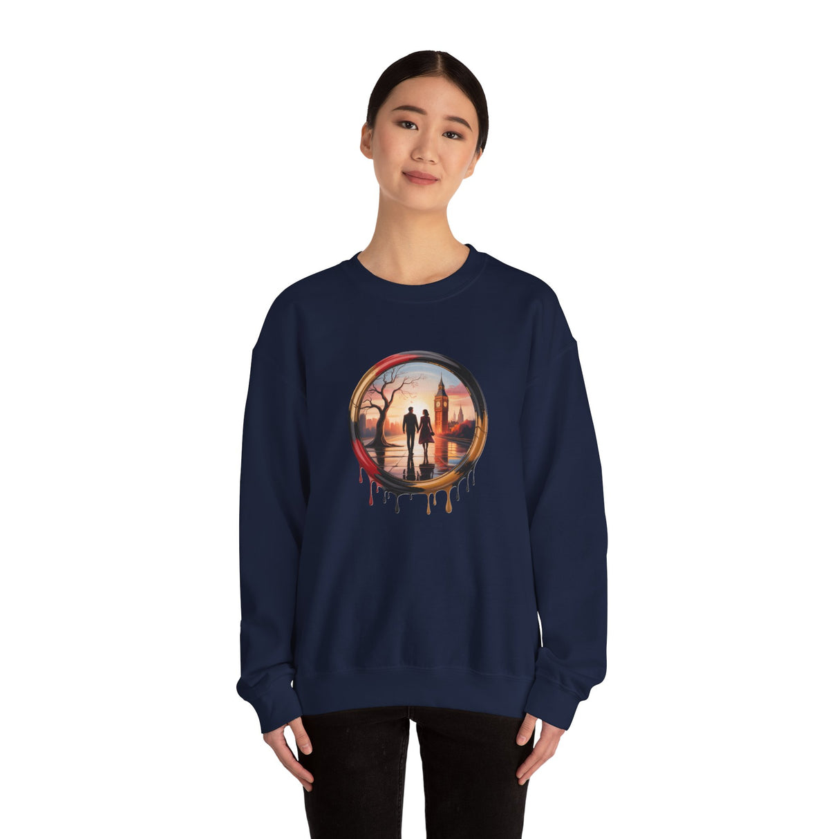 Back view of the Crewneck Sweatshirt - Sunset Couple Silhouette in Dripping Circle, showcasing the no side seams for a snug fit.