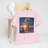 Zoomed in artistic print of the Romantic Moonlit Couple T-Shirt — Sunset Fantasy Illustration Tee capturing the enchanting couple in a sunset.