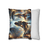 Living room setup featuring the Rainy Night Stroll Decorative Pillowcase on a sofa, adding a cozy atmosphere with its vibrant city scenery, 16" × 16".