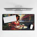 Detail view of the Chic Artist Desk Mat - Coffee & Creativity, highlighting its smooth texture and durable construction for effortless use.