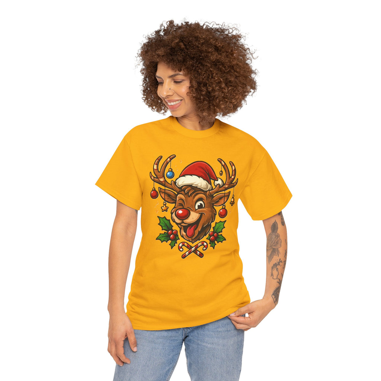 Flat lay of the Christmas Reindeer Tee highlighting the cheerful reindeer design with details like holly leaves.