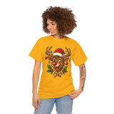 Flat lay of the Christmas Reindeer Tee highlighting the cheerful reindeer design with details like holly leaves.