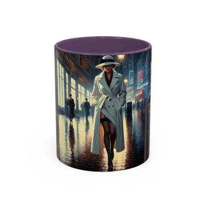 Elegant Urban Nightlife Coffee Mug next to a dessert, illustrating a trendy coffee setting.