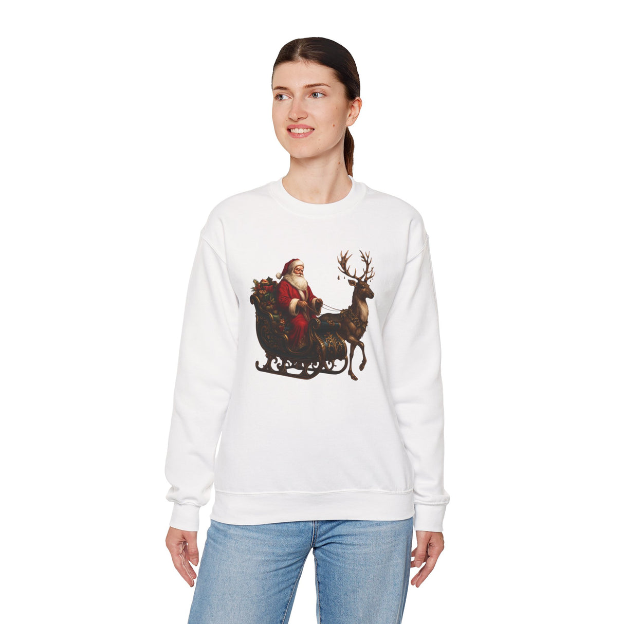 Stylish display of the Winter Art Vintage Santa Sleigh Crewneck Sweatshirt, capturing the essence of classic holiday apparel.
