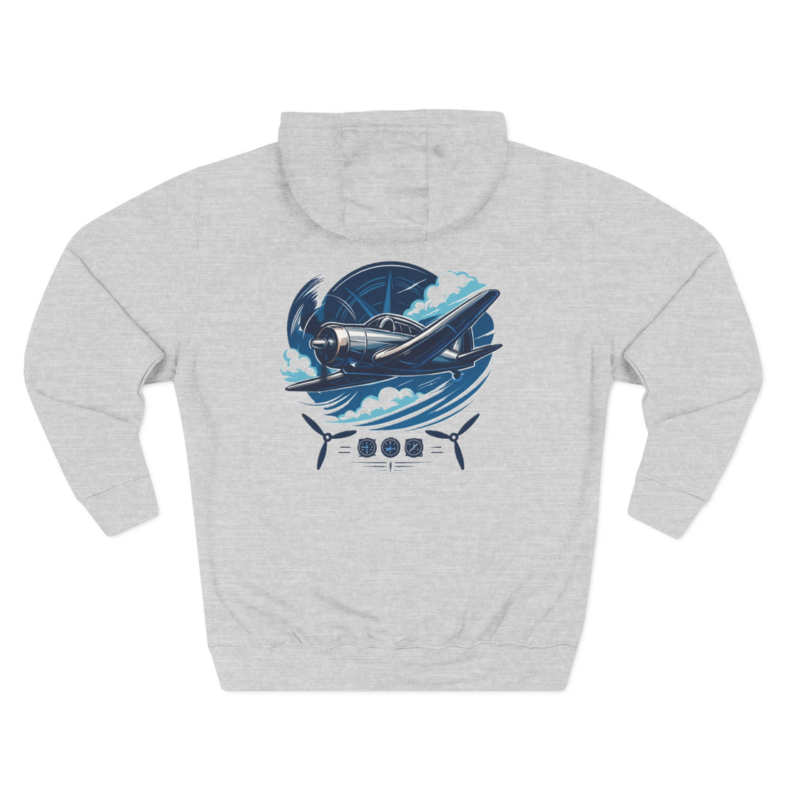 Close-up of Aviator Three-Panel Hoodie showcasing the detailed aviation-inspired graphic design.