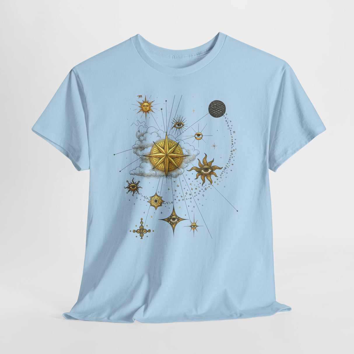 Celestial Compass Tee — Gold Star & Moon Astrology Graphic Shirt being worn casually while enjoying a warm beverage.