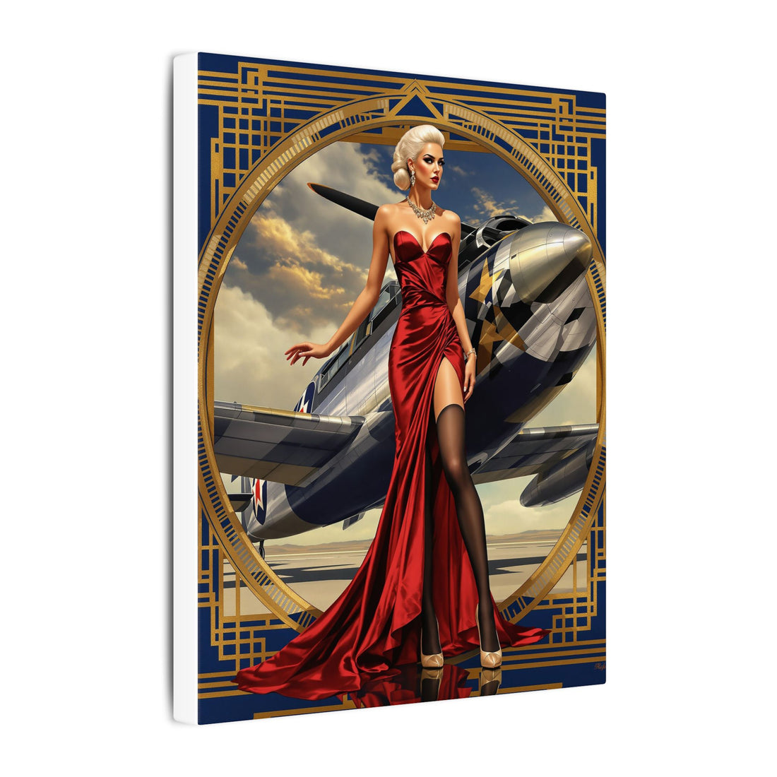Retro Glamour inspired Aviator Pin-Up Matte Canvas Print featuring a stylish woman in red, embodying vintage aviation adventure.