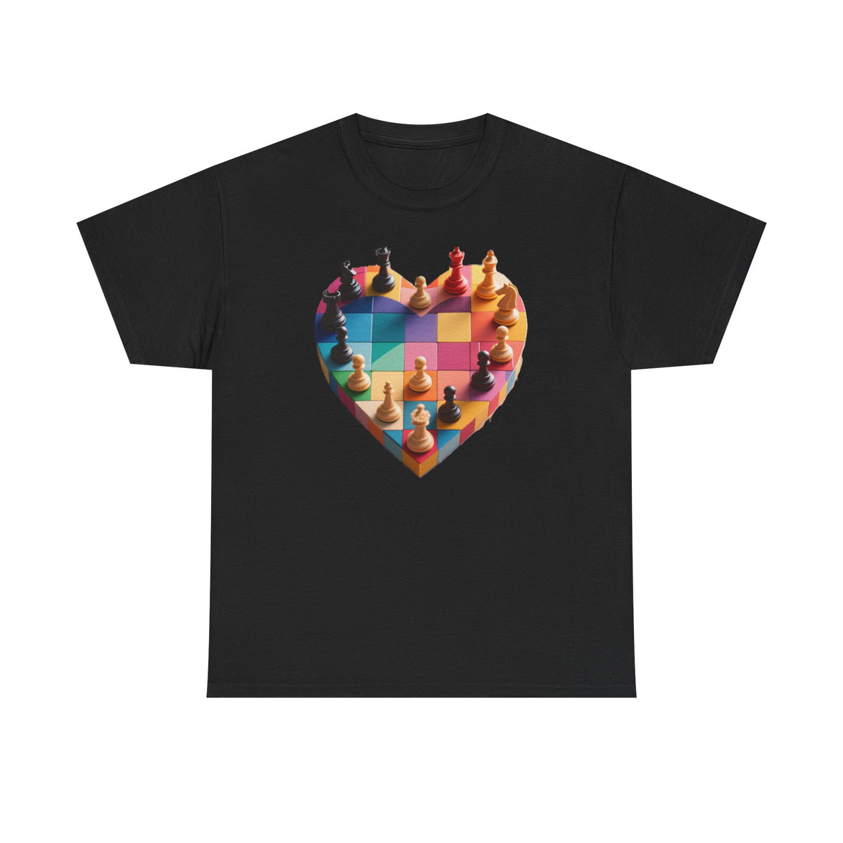 Close-up of the colorful chess pieces graphic on the Chess Heart T‑Shirt.