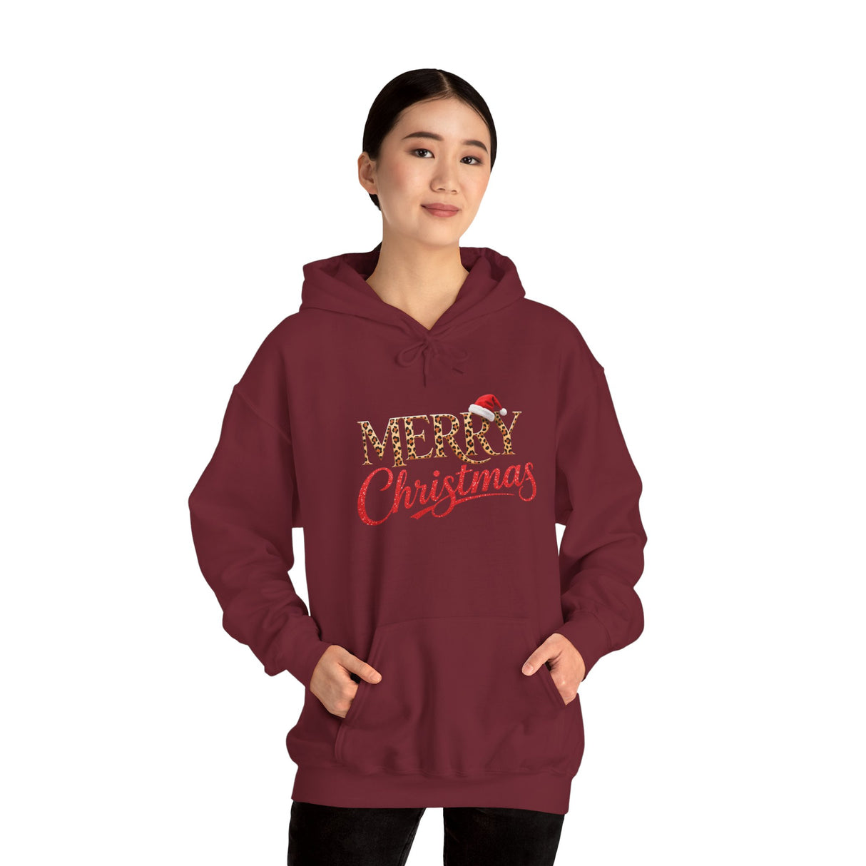 Merry Christmas Hoodie with adjustable drawcord and cozy fit.