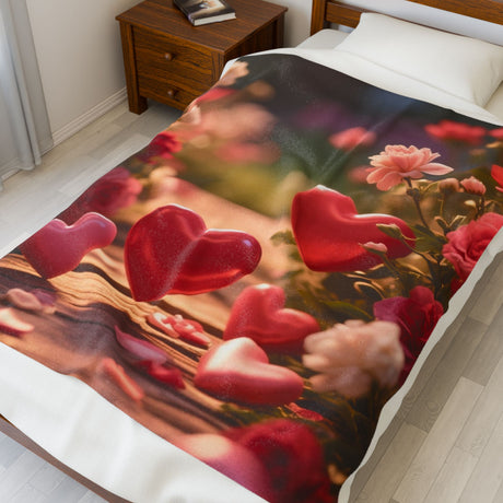 Heart Garden Velveteen Plush Blanket — Romantic Red Heart & Roses Throw for Valentine’s Day  50" × 60"