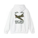 Close-up of the 'Real Pilots Don't Need Autopilot' Vintage WWII Plane graphic on the back of the sweatshirt.