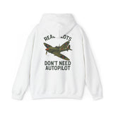 Close-up of the 'Real Pilots Don't Need Autopilot' Vintage WWII Plane graphic on the back of the sweatshirt.