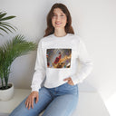 Crewneck Sweatshirt — Elegant Red Gown Art Print (Regal Celebration) featuring a cinematic art design of a lady in a red gown surrounded by soft light.